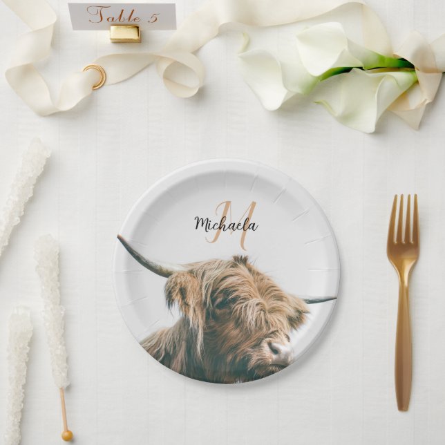 Highland cow portrait custom name initial monogram paper plates (Wedding)