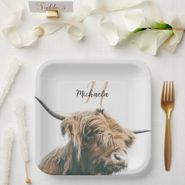 Highland cow portrait custom name initial monogram paper plates (Wedding)