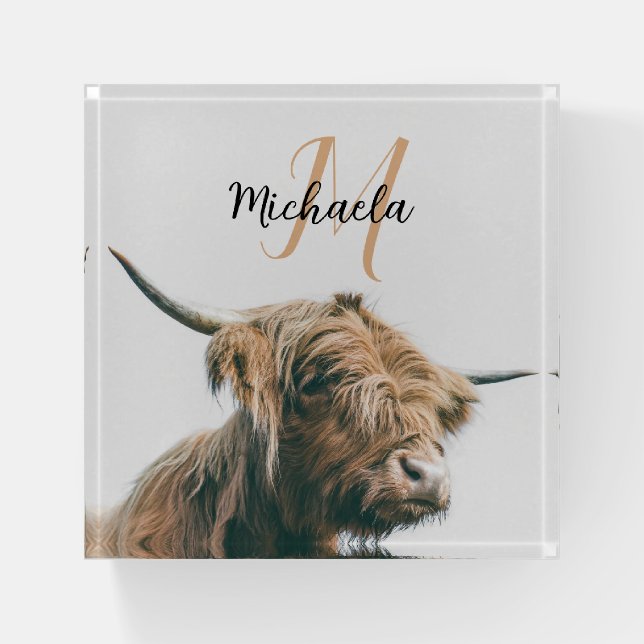 Highland cow portrait custom name initial monogram paperweight (Front)