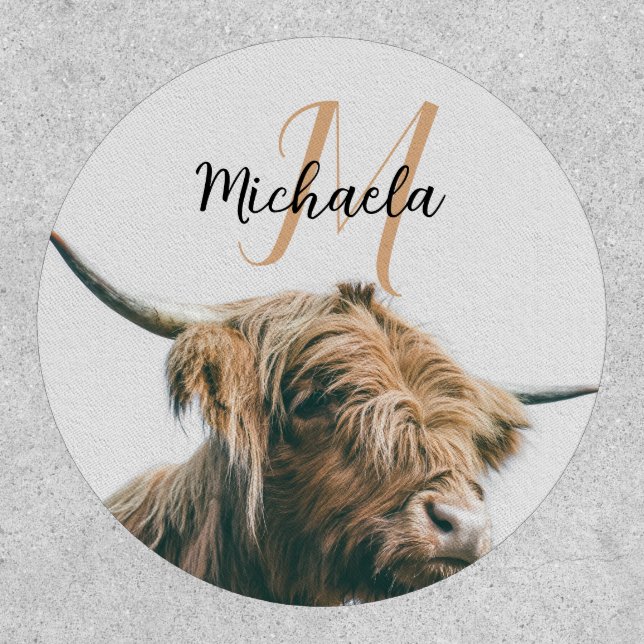 Highland cow portrait custom name initial monogram patch (Front)