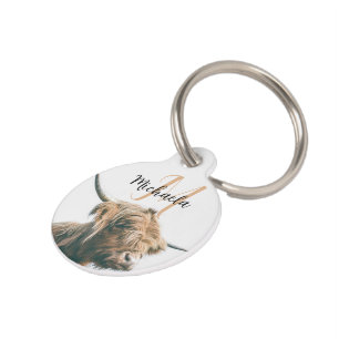 Highland cow portrait custom name initial monogram pet ID tag