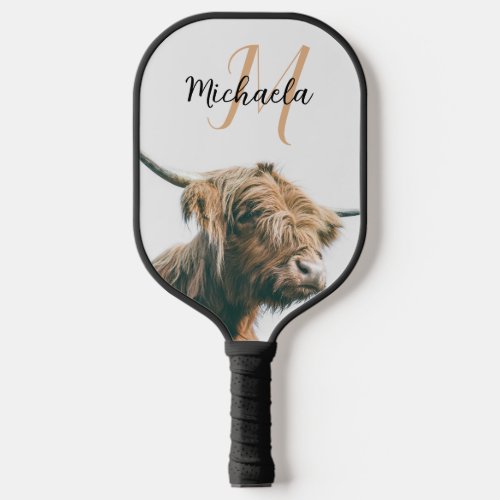 Highland cow portrait custom name initial monogram pickleball paddle