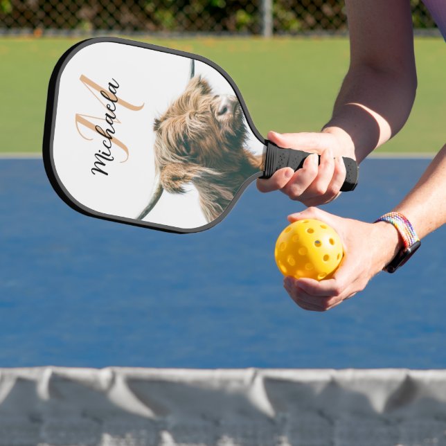 Highland cow portrait custom name initial monogram pickleball paddle (Insitu)
