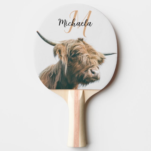 Highland cow portrait custom name initial monogram ping pong paddle (Front)
