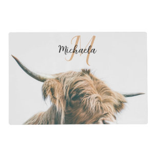 Highland cow portrait custom name initial monogram placemat