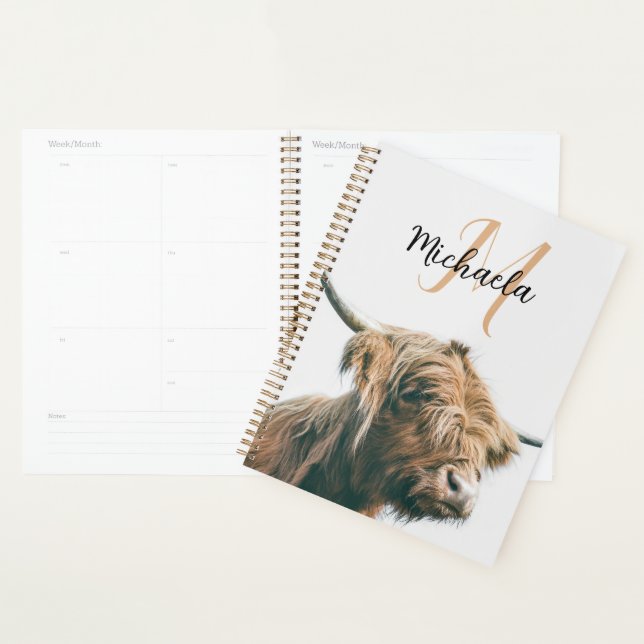 Highland cow portrait custom name initial monogram planner (Display)