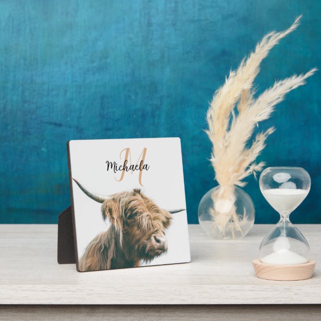 Highland cow portrait custom name initial monogram plaque (Insitu)