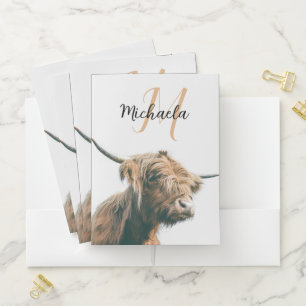 Highland cow portrait custom name initial monogram pocket folder