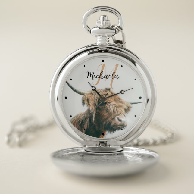 Highland cow portrait custom name initial monogram pocket watch (Inside)