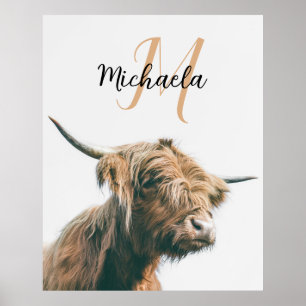 Highland cow portrait custom name initial monogram poster