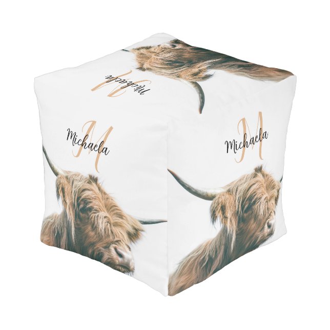 Highland cow portrait custom name initial monogram pouf (Angled Back)