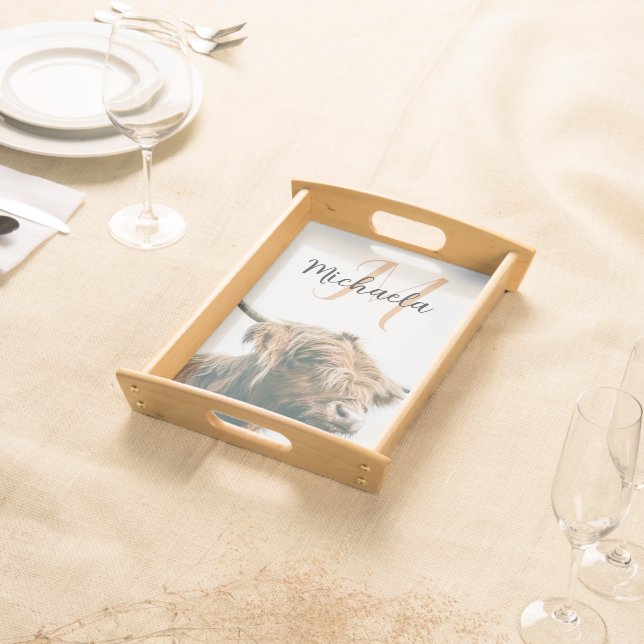 Highland cow portrait custom name initial monogram serving tray (Front)