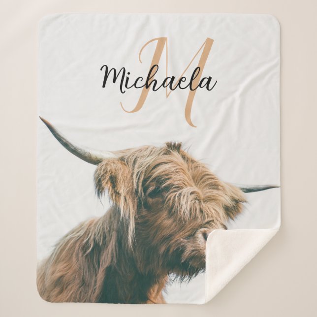 Highland cow portrait custom name initial monogram sherpa blanket (Front)