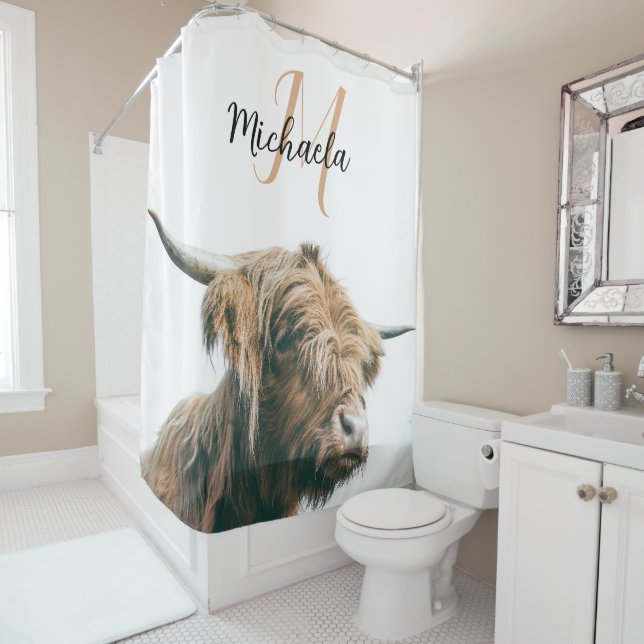 Highland cow portrait custom name initial monogram shower curtain (In Situ)