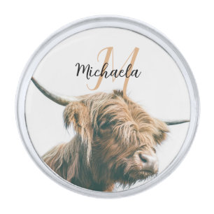 Highland cow portrait custom name initial monogram silver finish lapel pin