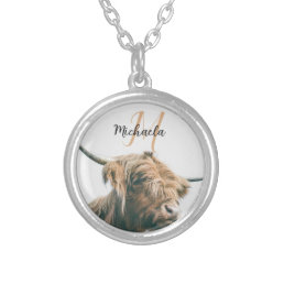 Highland cow portrait custom name initial monogram silver plated necklace