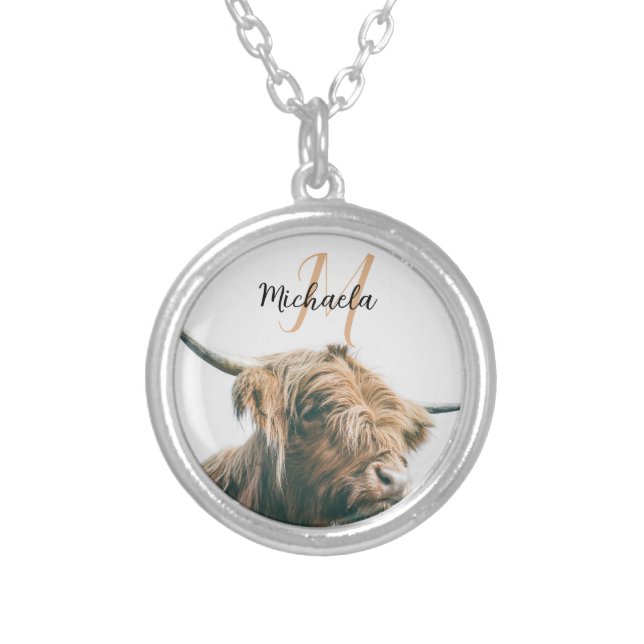 Highland cow portrait custom name initial monogram silver plated necklace (Front)