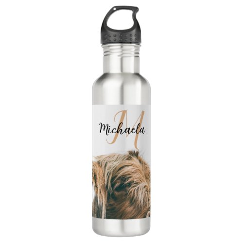 Highland cow portrait custom name initial monogram stainless steel water bottle