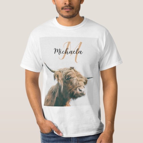 Highland cow portrait custom name initial monogram T_Shirt