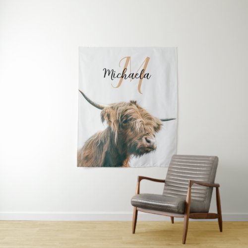 Highland cow portrait custom name initial monogram tapestry