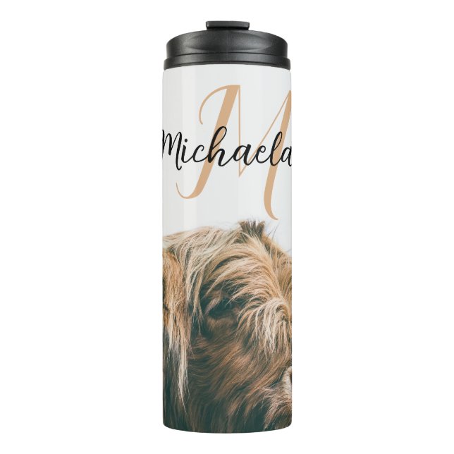 Highland cow portrait custom name initial monogram thermal tumbler (Front)
