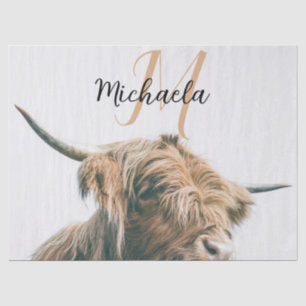 Highland cow portrait custom name initial monogram tissue paper