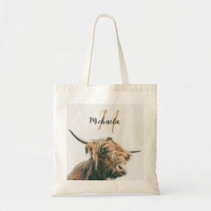 Highland cow portrait custom name initial monogram tote bag