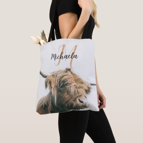 Highland cow portrait custom name initial monogram tote bag