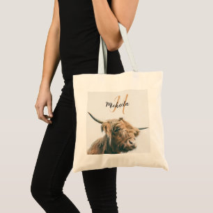 Highland cow portrait custom name initial monogram tote bag