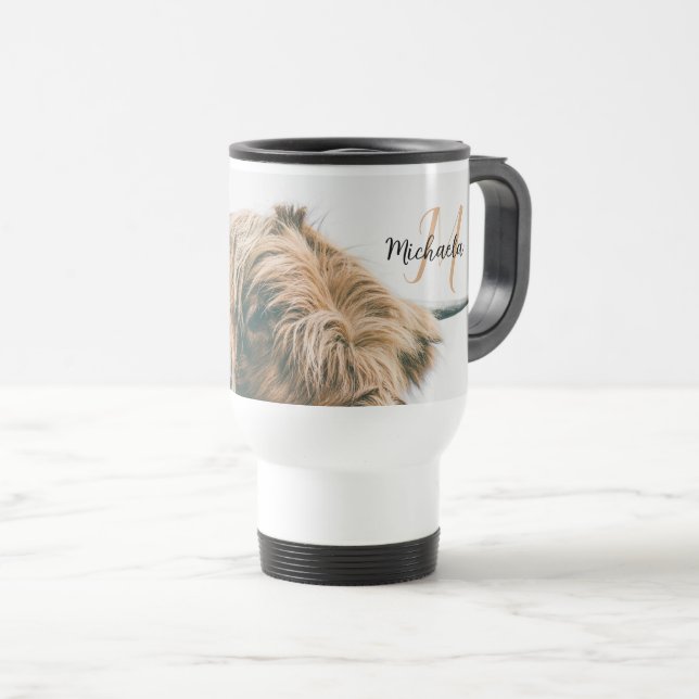 Highland cow portrait custom name initial monogram travel mug (Front Right)