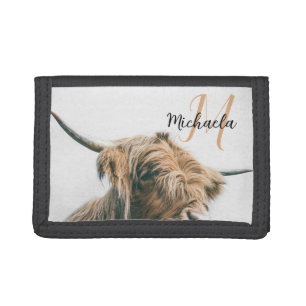 Highland cow portrait custom name initial monogram tri-fold wallet