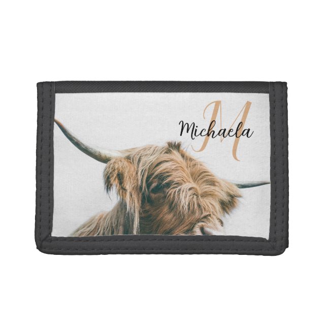 Highland cow portrait custom name initial monogram tri-fold wallet (Front)