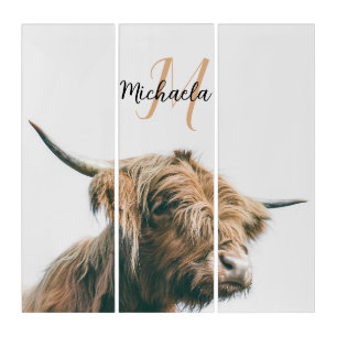 Highland cow portrait custom name initial monogram triptych