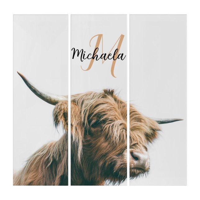 Highland cow portrait custom name initial monogram triptych (Front)