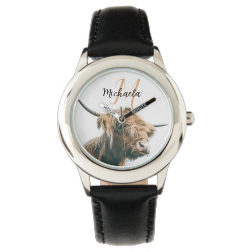 Highland cow portrait custom name initial monogram watch