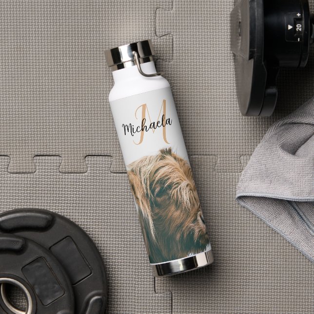 Highland cow portrait custom name initial monogram water bottle (Gym)