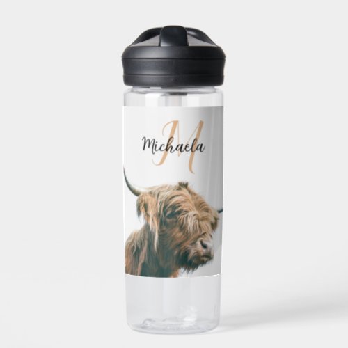 Highland cow portrait custom name initial monogram water bottle
