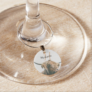 Highland cow portrait custom name initial monogram wine charm