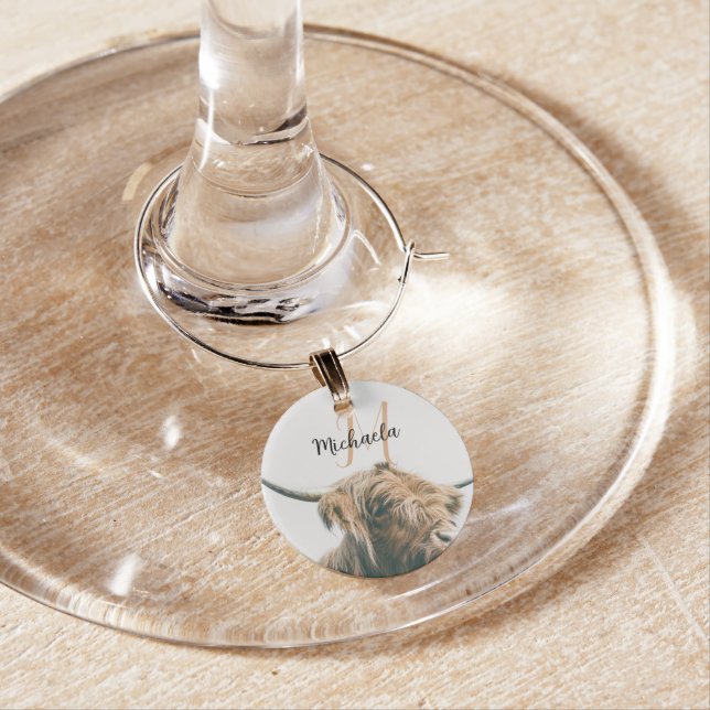 Highland cow portrait custom name initial monogram wine charm (In Situ)