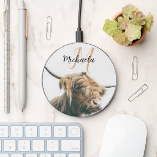 Highland cow portrait custom name initial monogram wireless charger 