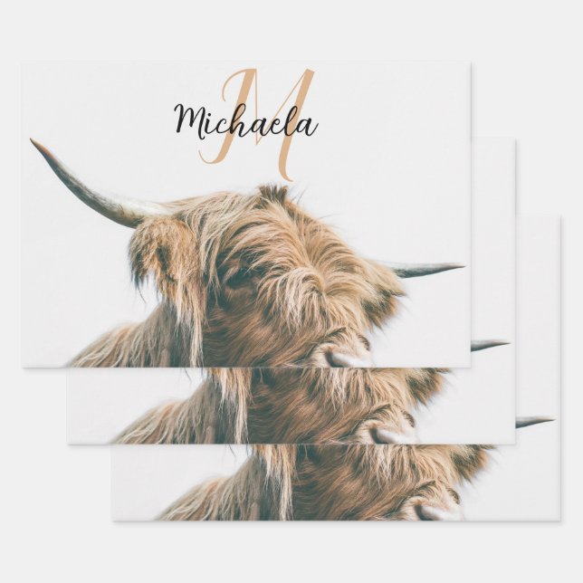 Highland cow portrait custom name initial monogram wrapping paper sheets (Set)