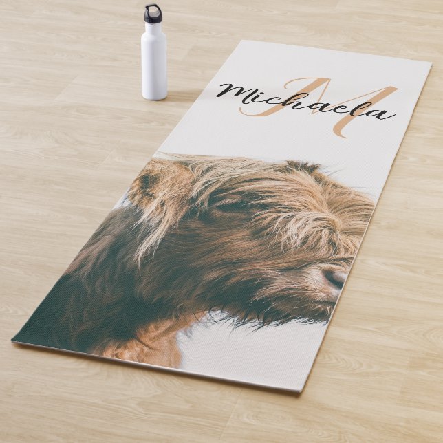 Highland cow portrait custom name initial monogram yoga mat (In Situ)