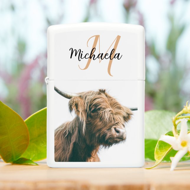 Highland cow portrait custom name initial monogram zippo lighter (On Table)
