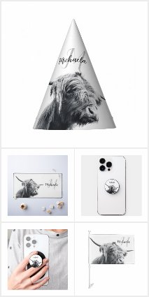 Highland cow portrait initial monogram black white