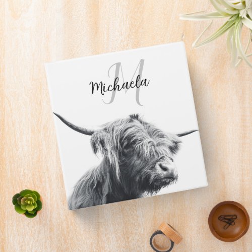 Highland cow portrait initial monogram black white 3 ring binder