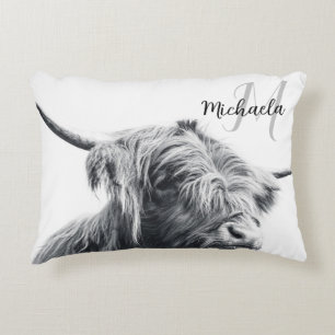 Highland cow portrait initial monogram black white accent pillow