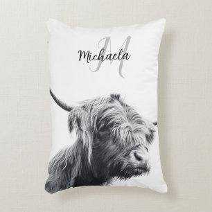 Highland cow portrait initial monogram black white accent pillow