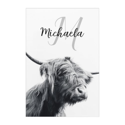 Highland cow portrait initial monogram black white acrylic print