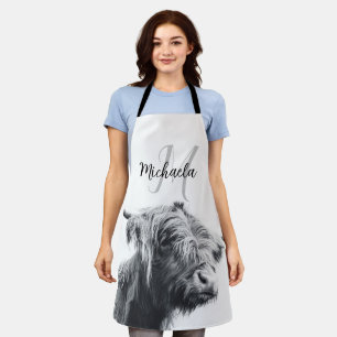 Highland cow portrait initial monogram black white apron