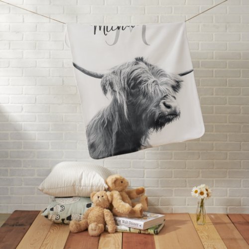 Highland cow portrait initial monogram black white baby blanket